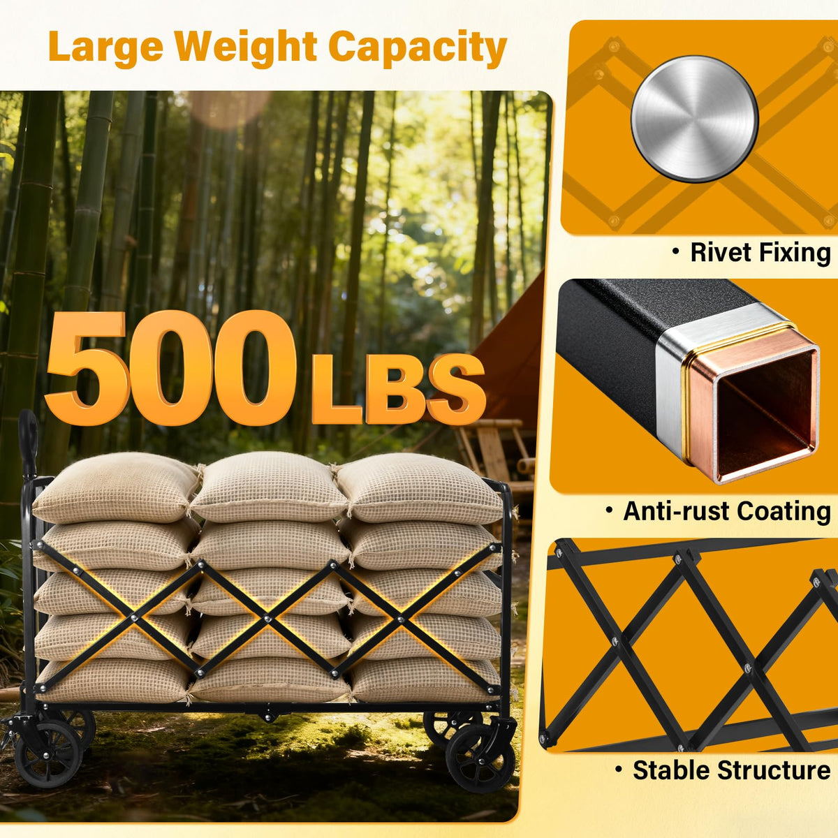 Yollber wagon with braked wheels and telescoping handle for stable hauling.