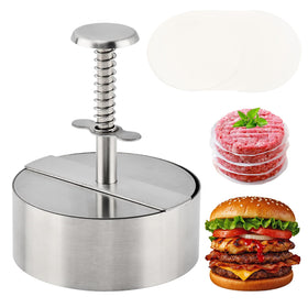 Yonderfume burger press handle provides ergonomic control for uniform patties.