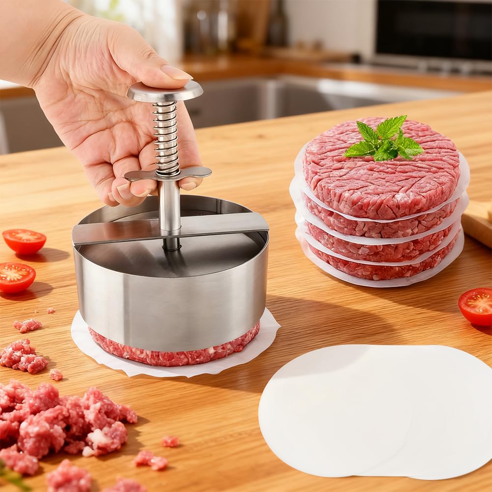 Yonderfume burger press round patty ready for grilling and searing.