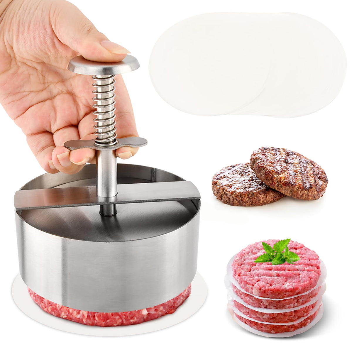 Yonderfume burger press spring mechanism enables one-handed patty formation and even thickness.