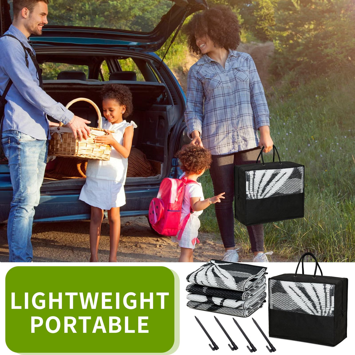 Yonile outdoor rug creates camping or picnic setup anywhere.