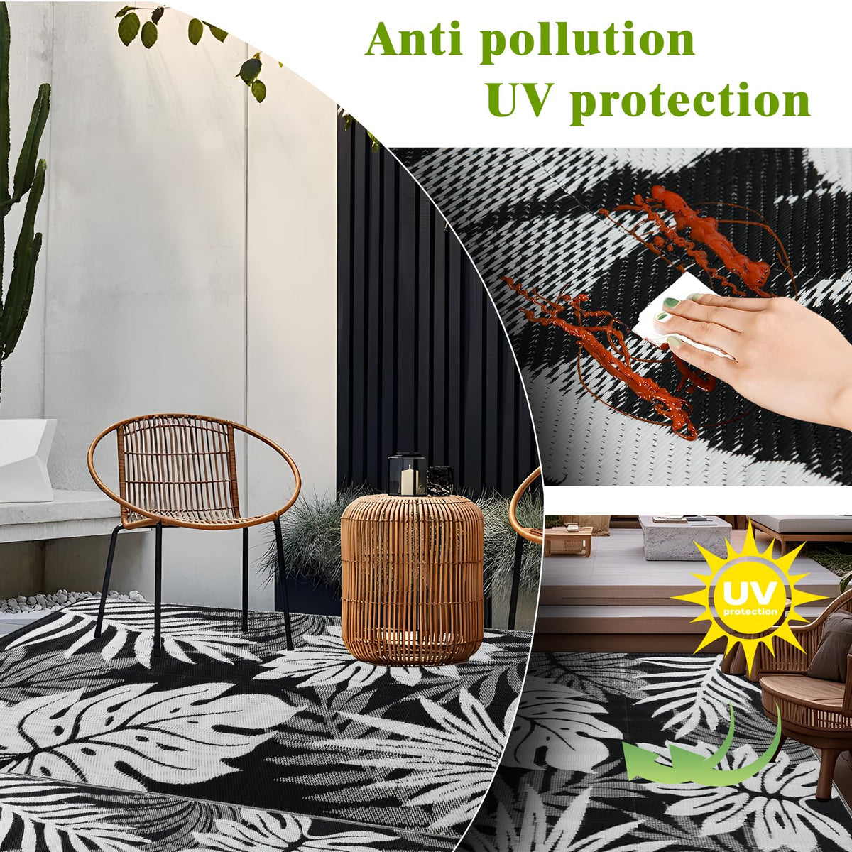 Yonile outdoor rug for patio and deck use.