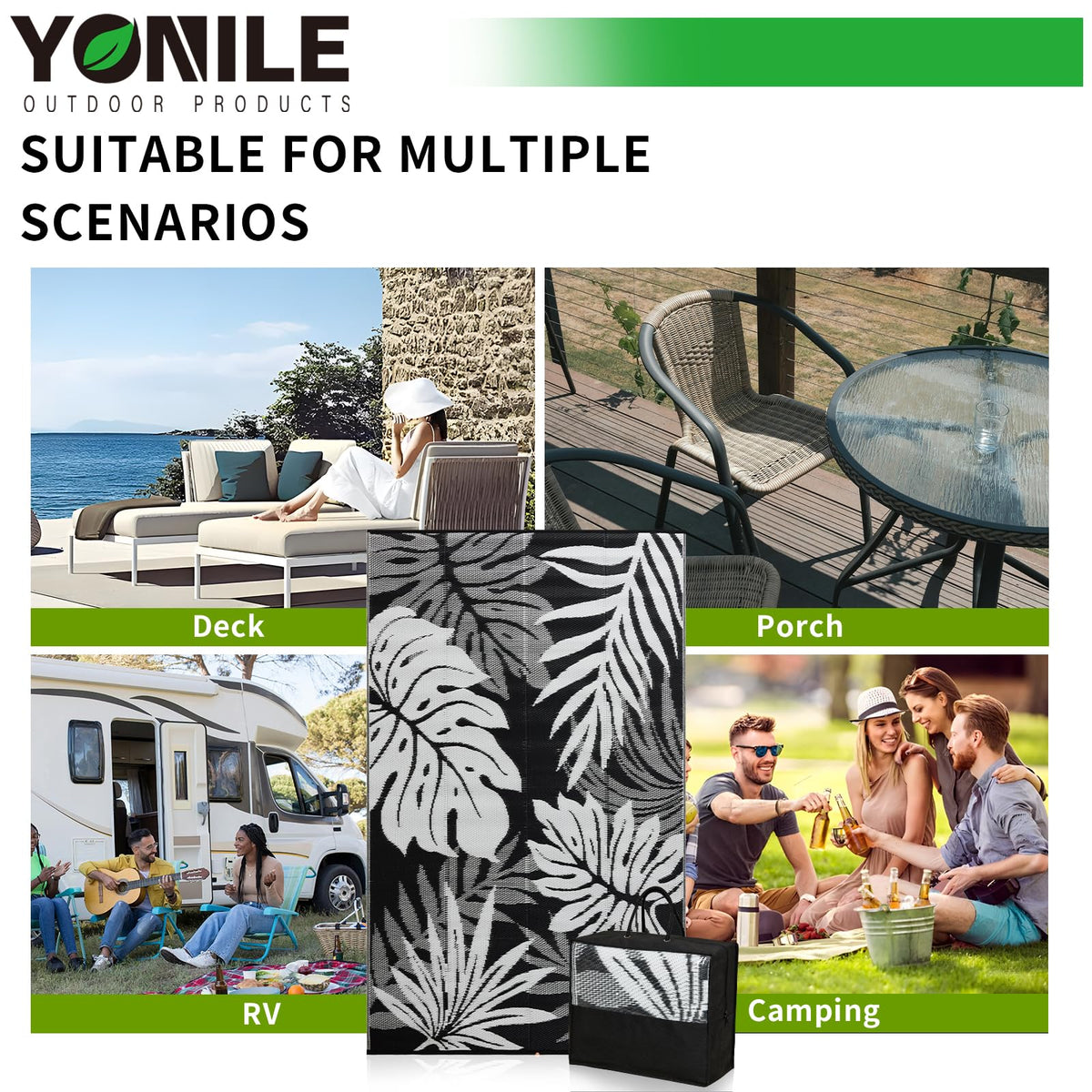 Yonile outdoor rug is ideal for RV trips and portable living.