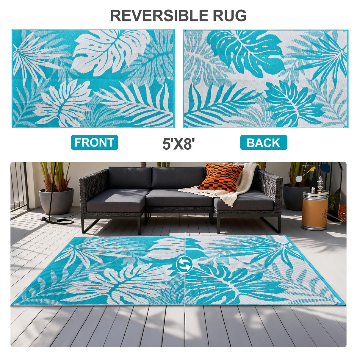 YONILE outdoor rug highlights waterproof durability for quick cleanup after outdoor activities.