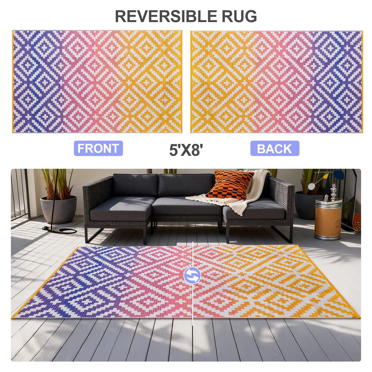 YONILE reversible plastic straw rug showcases dual design for indoor or outdoor use.