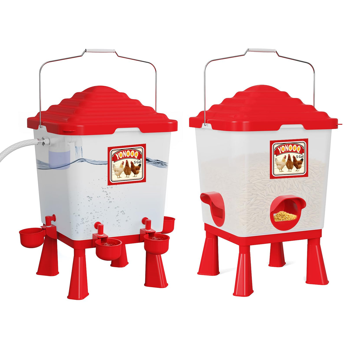 YONOOQ 5-gallon waterer with automatic float valve provides steady hydration for poultry.