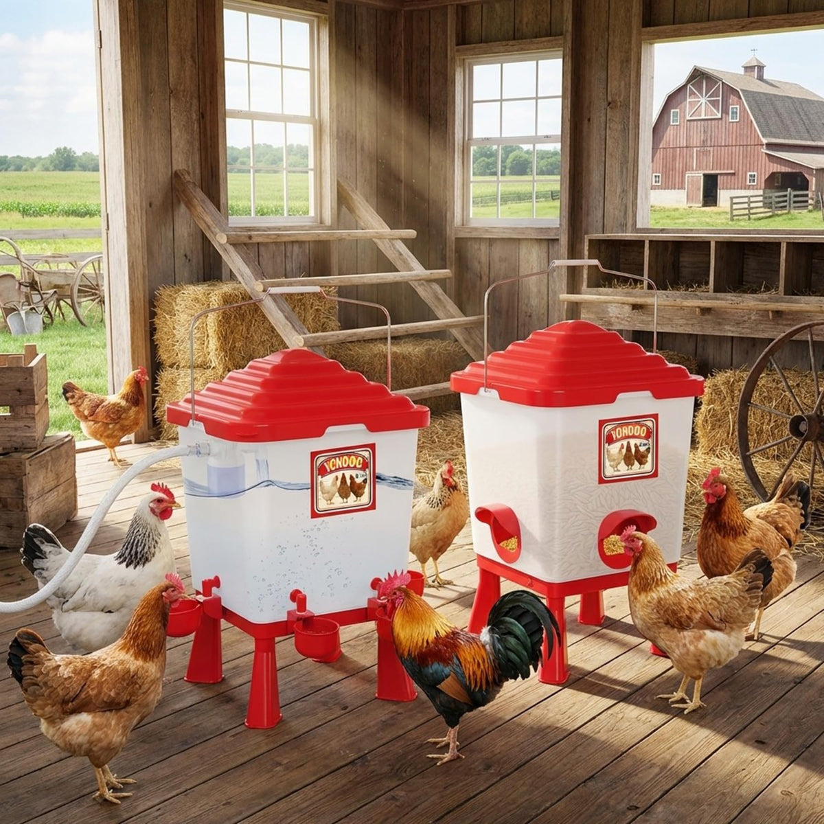 YONOOQ poultry-coop-accessory-set combines waterer and feeder for efficient poultry care.
