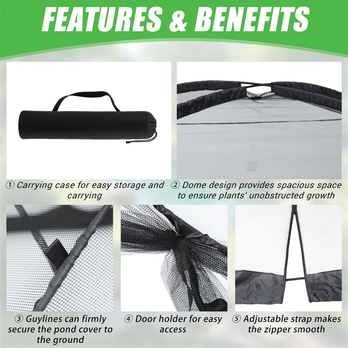 Yoojahow pond cover dome net 8x10 anchored with ground nails for stability.
