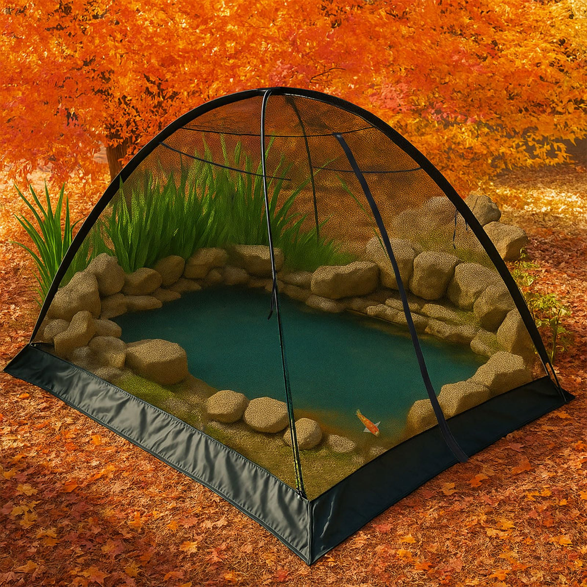 Yoojahow pond cover dome net 8x10 stored compactly in the included bag.