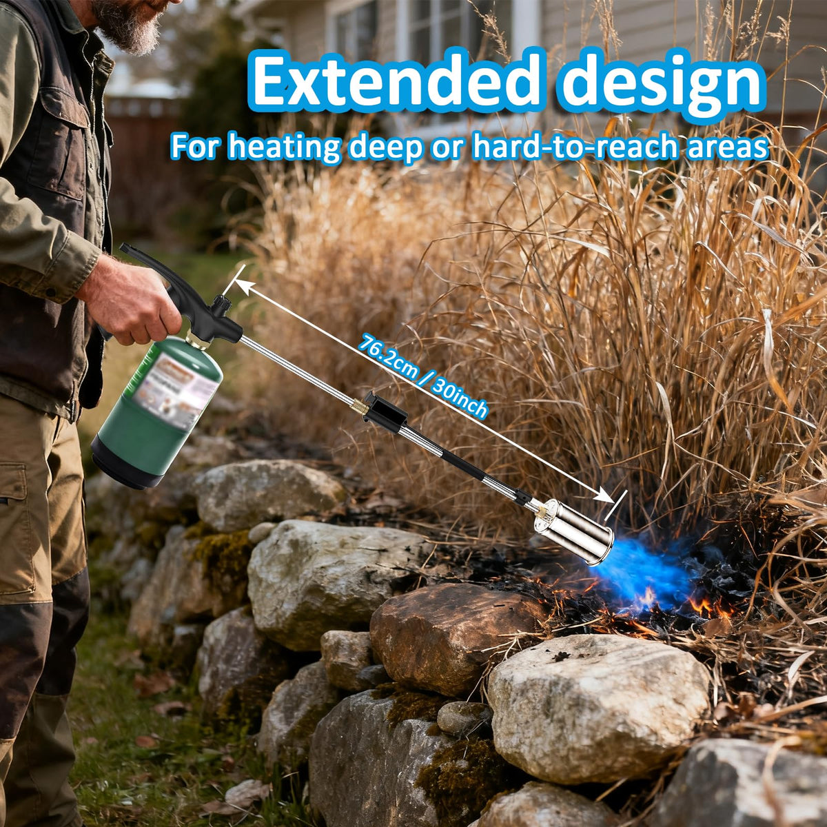Yoostooper 1,800,000 BTU flame powers weed and stump removal efficiently.