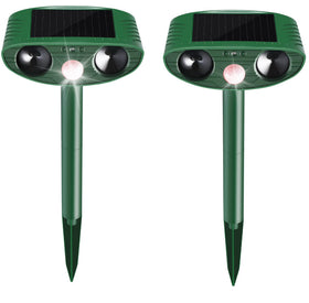 Yooyhhome solar animal repeller front view with motion sensor and LED deterring cats.