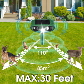 Yooyhhome ultrasonic repeller mounted on fence to deter raccoons and pests.