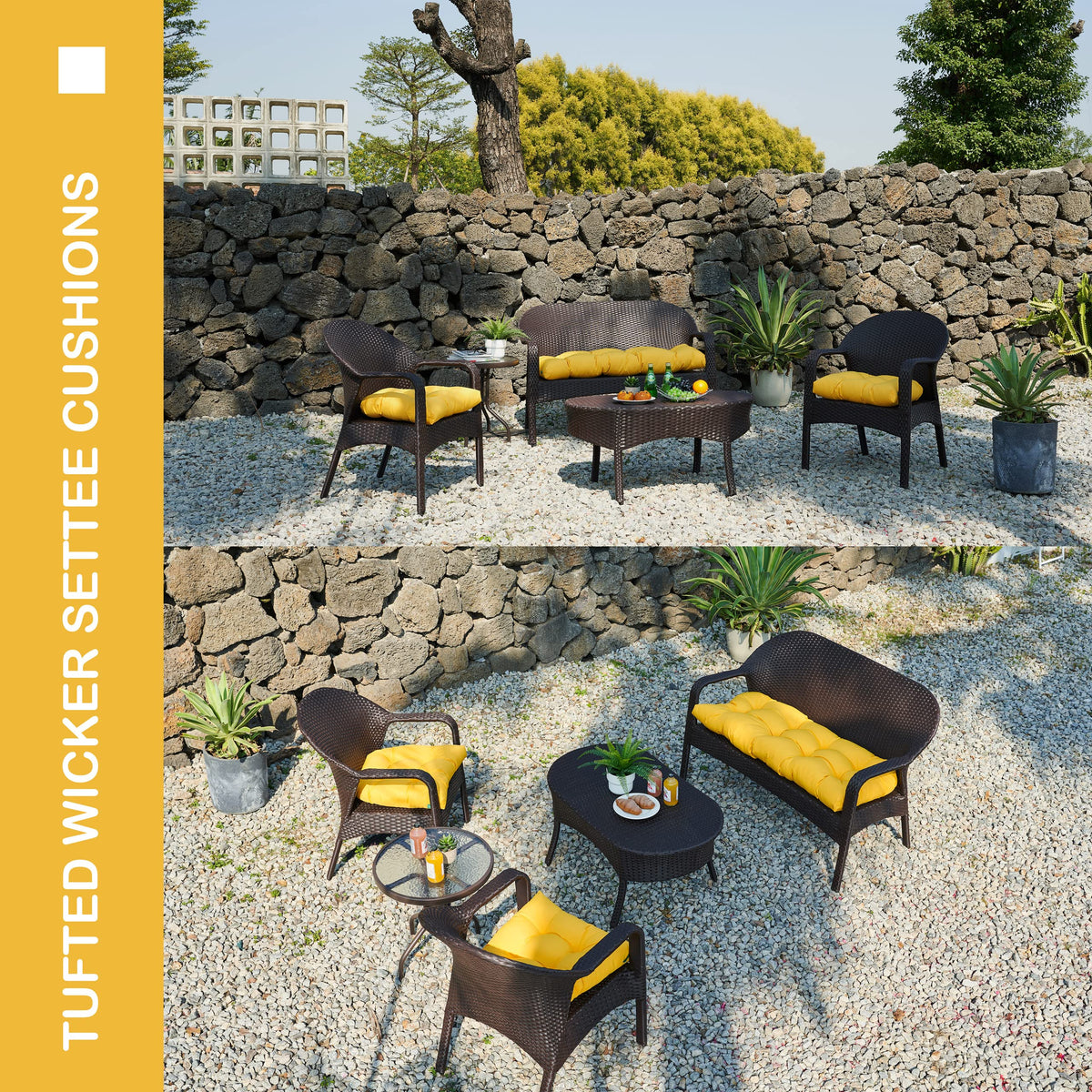 YOOZEKU yellow fabric cushion showing waterproof and fade resistant properties.