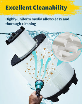 Yoozell trilobal filtration reduces debris buildup for cleaner pools.