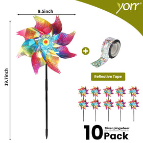 Yorr pinwheels with bird scare tape extend coverage for garden protection.