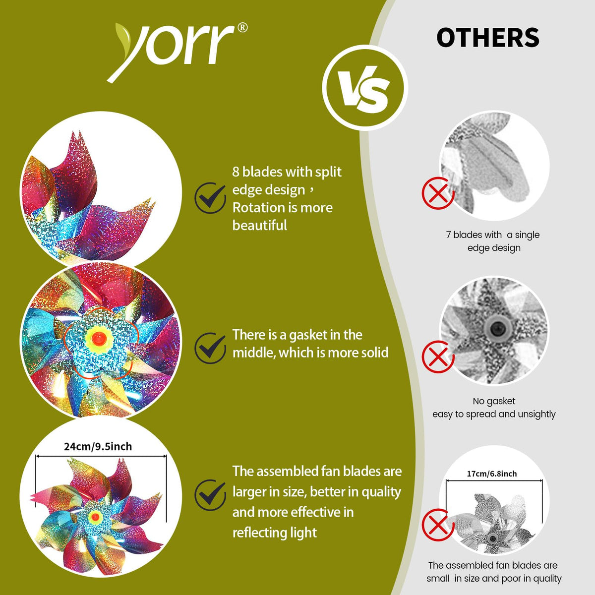 Yorr pinwheels are durable and waterproof in a fade-proof PP material.