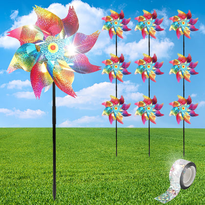 Yorr pinwheels sparkle in sunlight to brighten the yard and deter birds.