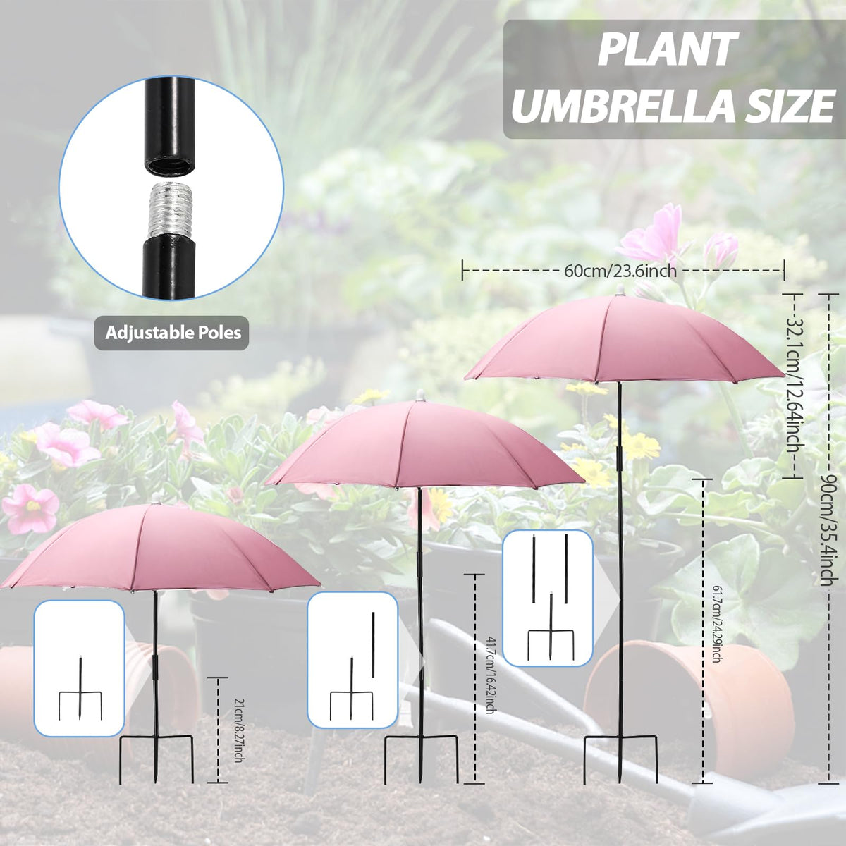 YOSN plant umbrella height-adjustable from 19.6 to 35.4 inches for tall plants.