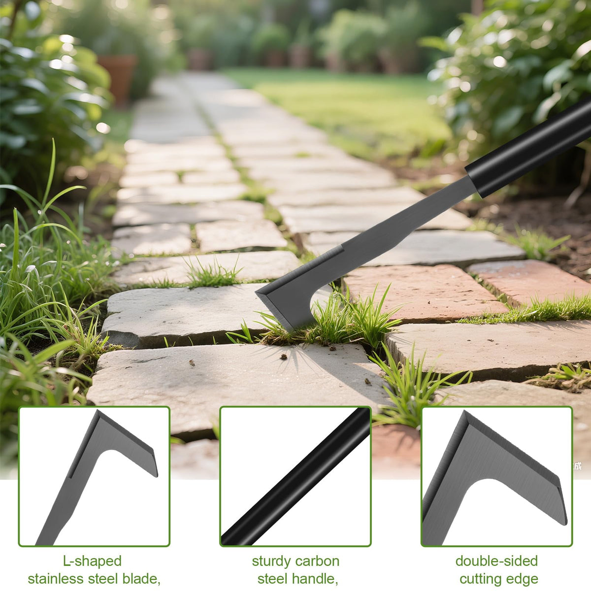YOSN weeder tool with L-shaped blade close-up for tight gaps