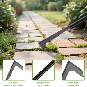 YOSN weeder tool with L-shaped blade close-up for tight gaps