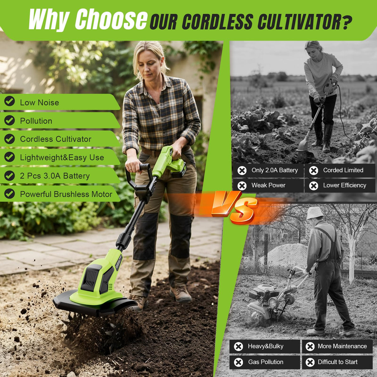 Yospinber tiller spins up to 360 RPM for fast soil work