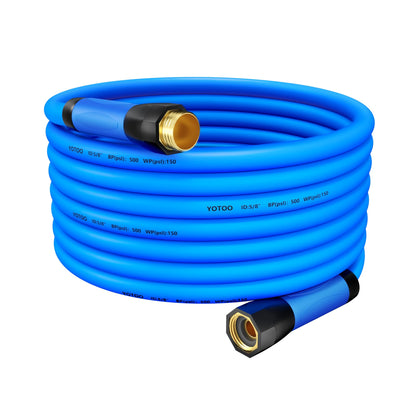 YOTOO heavy-duty garden hose stretched to full length for garden watering.
