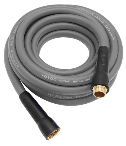 YOTOO heavy duty hose coiled view illustrates durability and easy handling for everyday watering tasks.