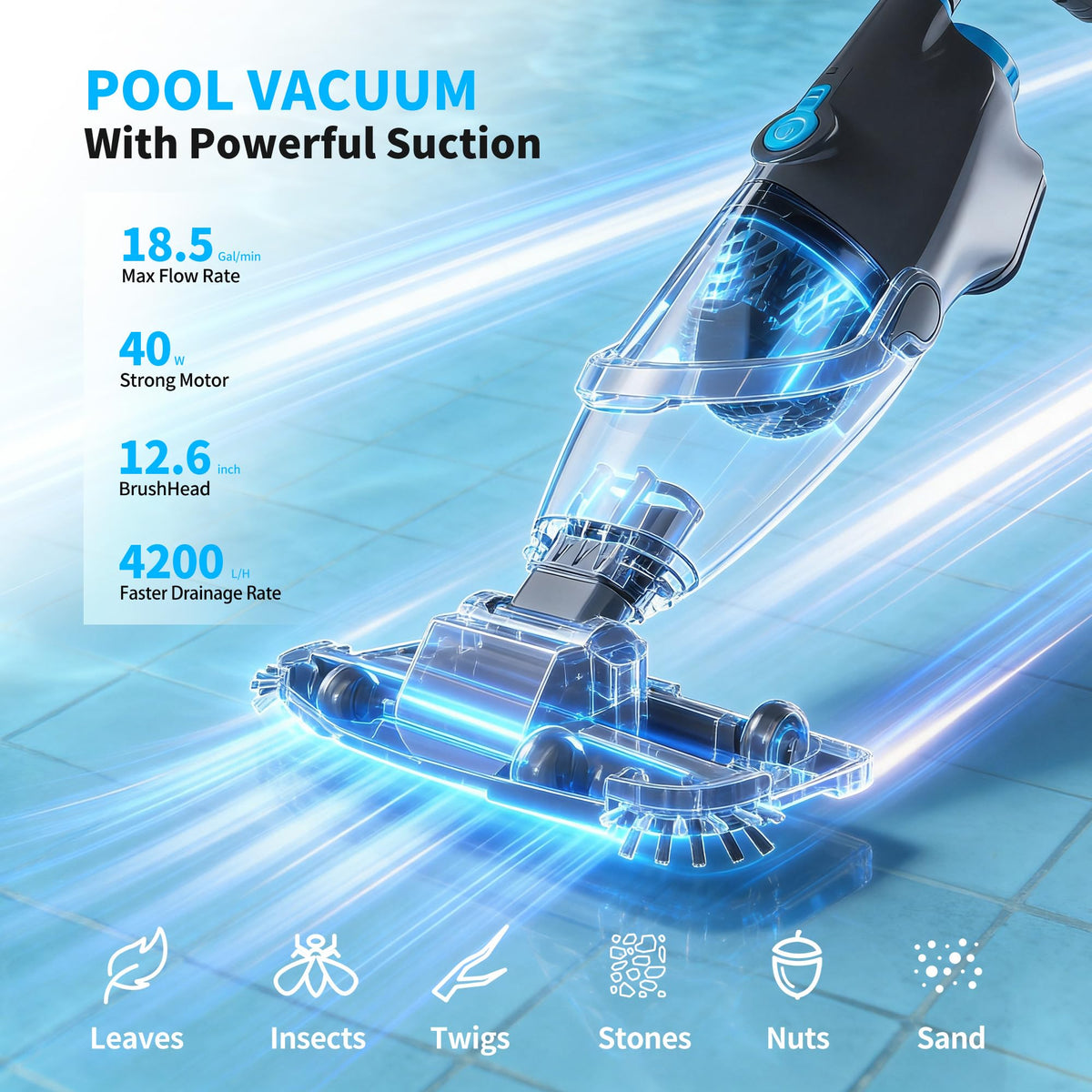 Youhou cordless pool vacuum handle ergonomics highlight comfortable grip during extended cleaning