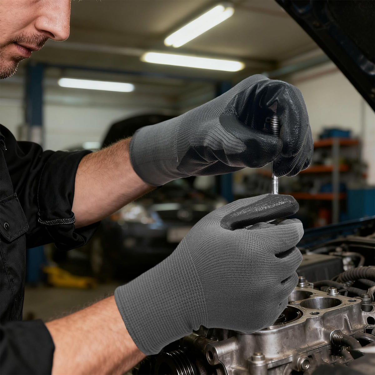 YOUKE OLA black and grey gloves shown with durable coating and finish