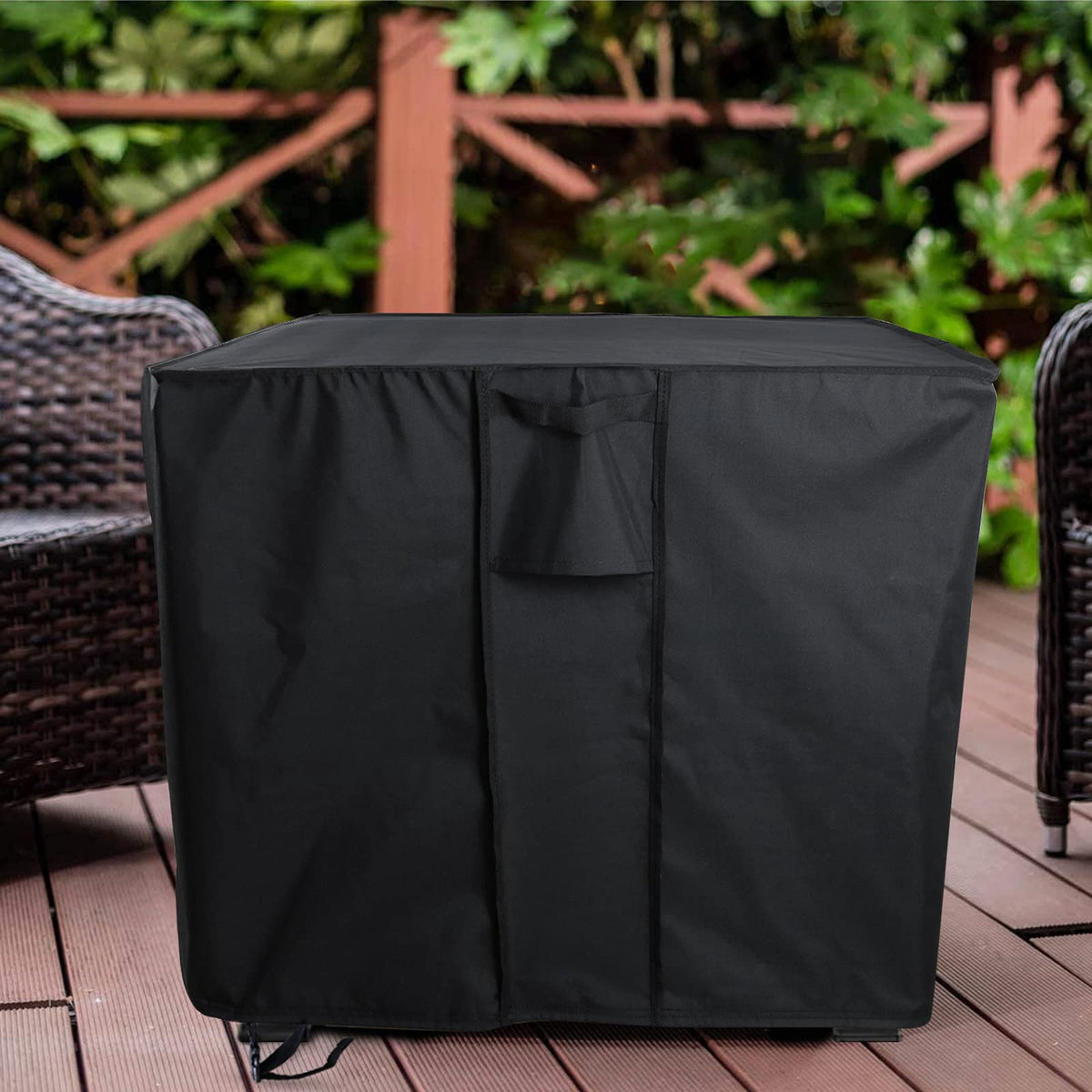 Youlvy fire pit cover protects patio furniture during gatherings.