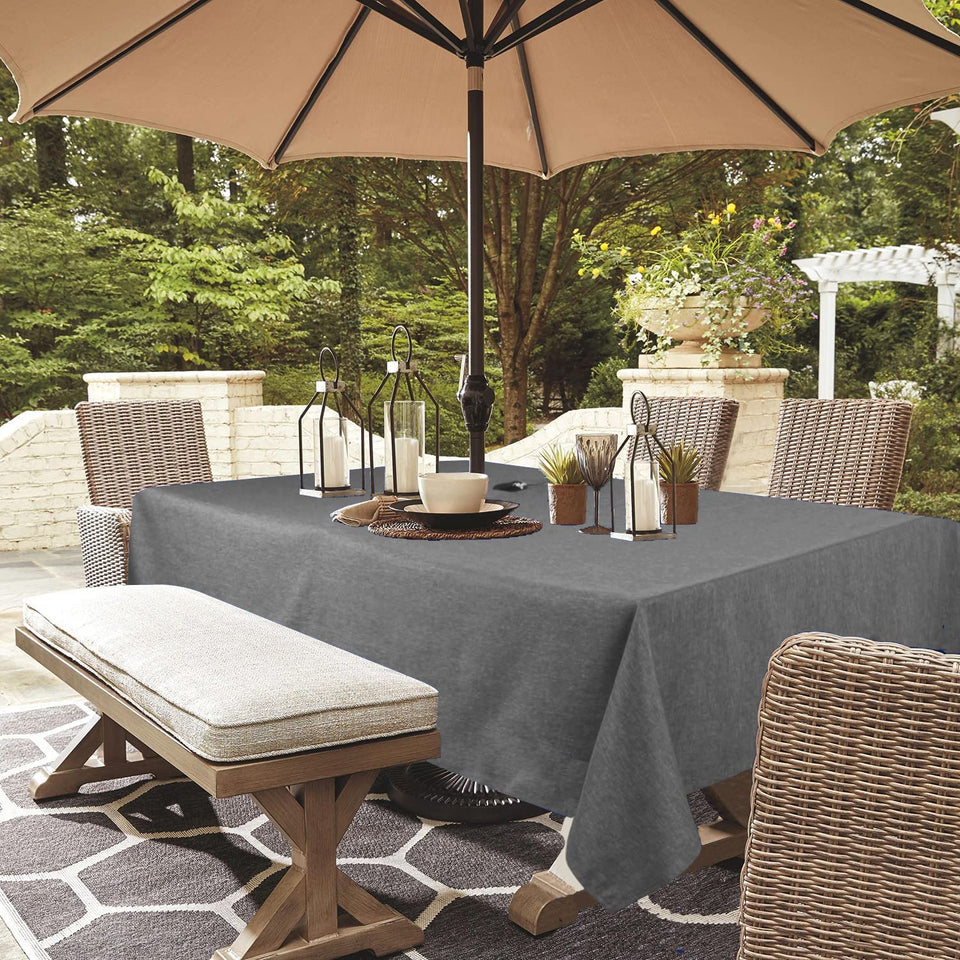 Youngseahome grey outdoor tablecloth on 60x84 inch table with umbrella hole