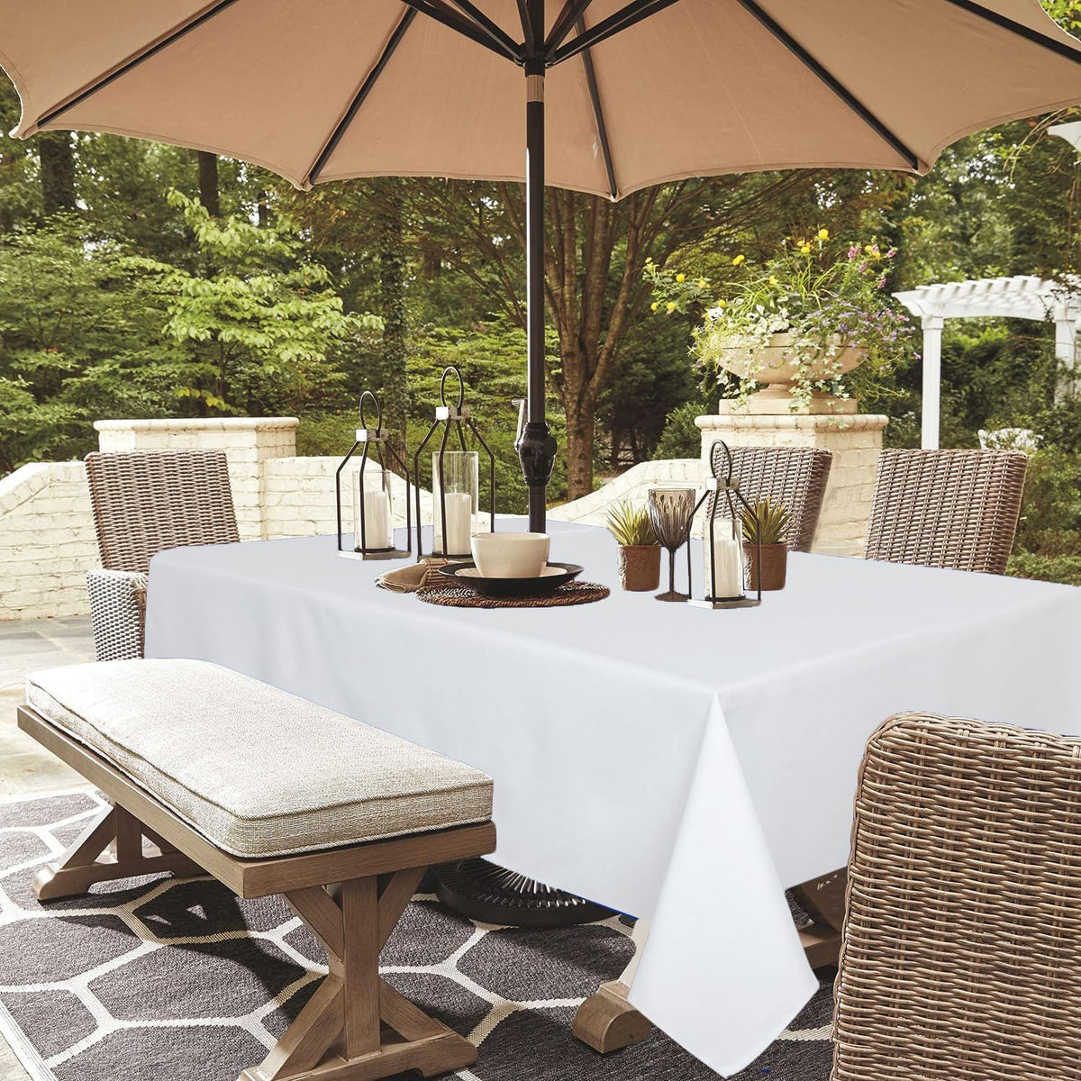 Youngseahome outdoor tablecloth on a white table, umbrella-ready for patio dining.