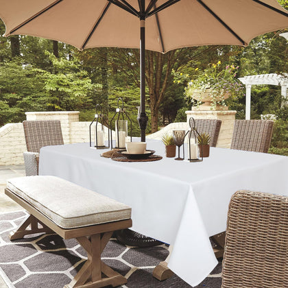 Youngseahome outdoor tablecloth on a white table, umbrella-ready for patio dining.