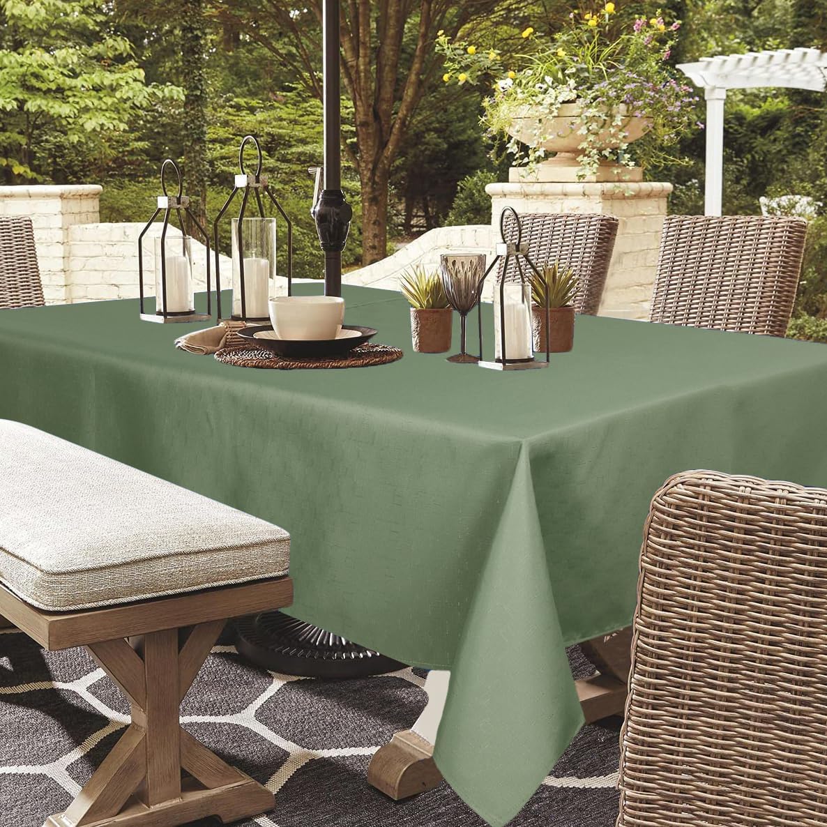 Youngseahome wrinkle-free tablecloth stays smooth for a tidy outdoor dining setup.