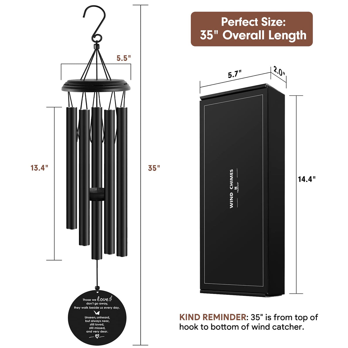 YOUNTASY black wind chimes with white print for memorial tribute