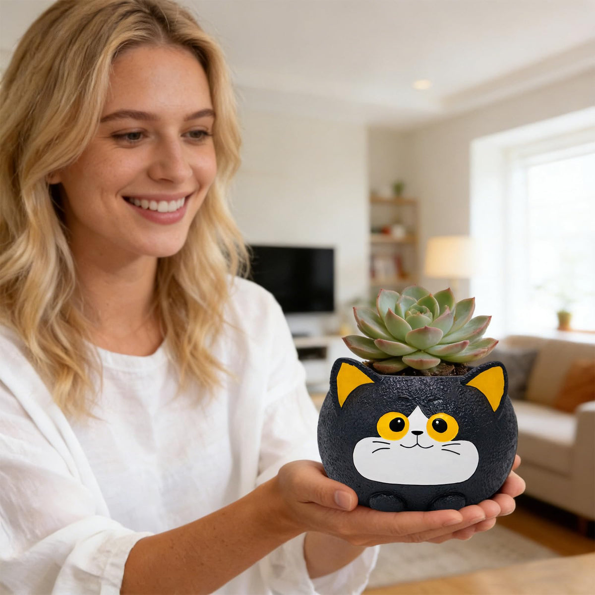 YOUOIVIA cat planter on kitchen windowsill with herbs