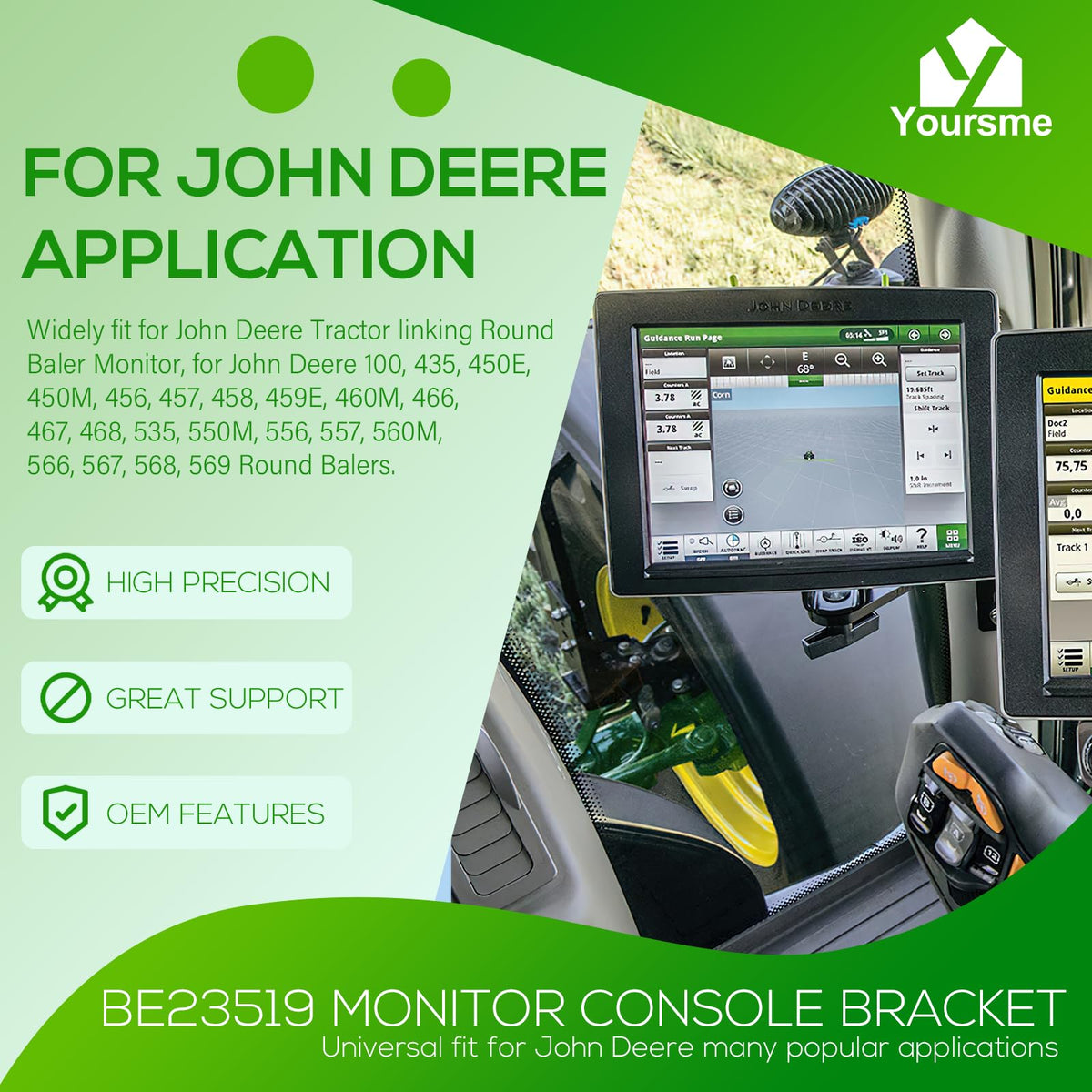 Yoursme BE23519 monitor bracket on tractor dashboard with adjustable viewing angle.
