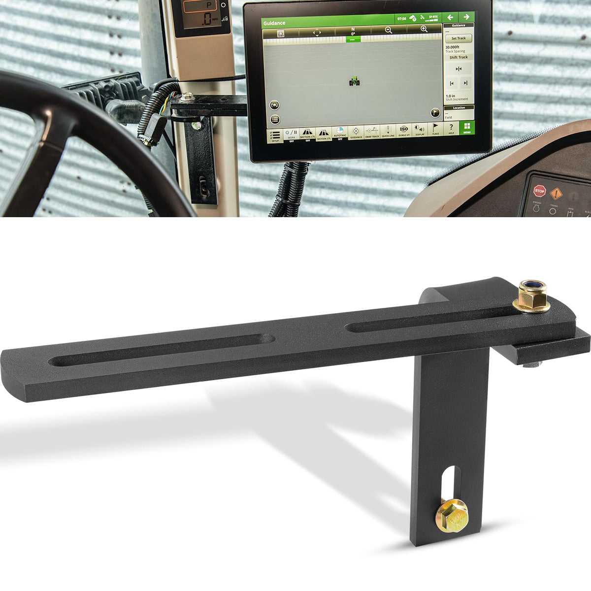 Yoursme BE23519 monitor bracket mounted on a tractor for easy viewing.