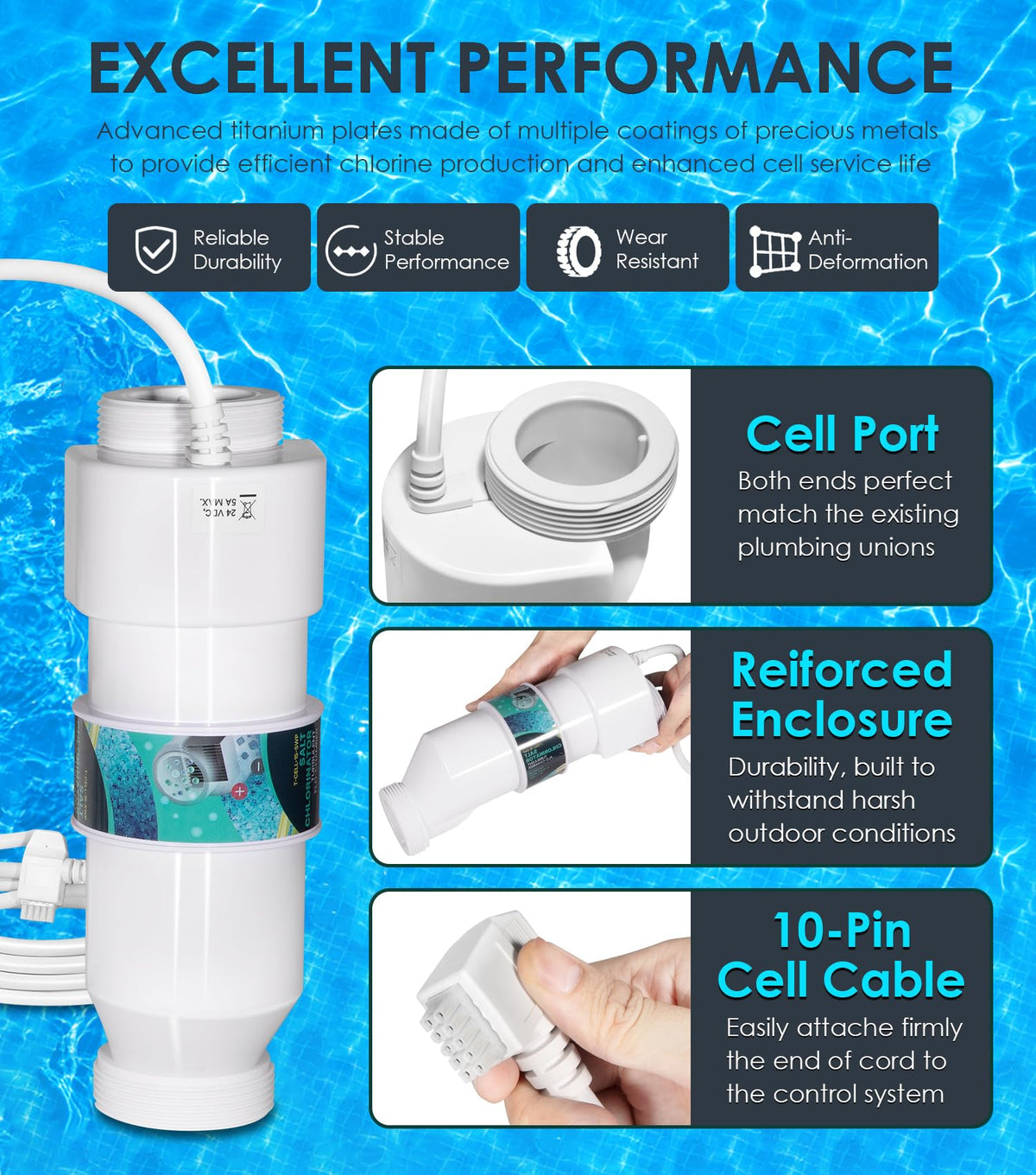 Titanium plates in Yoursme T-CELL-15-SWP maximize durability and chlorine production