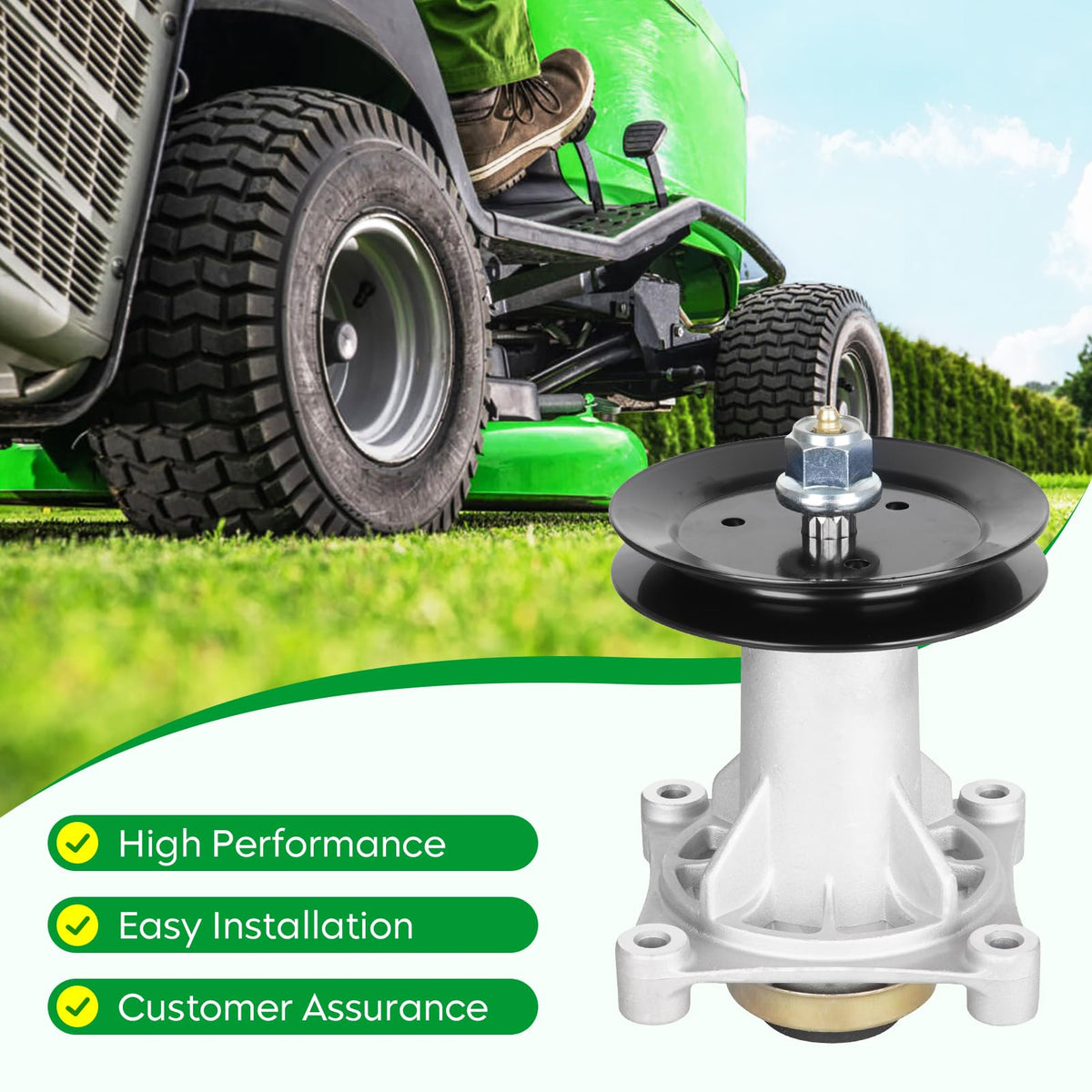 Youxmoto spindle kit on a lawn tractor demonstrating restored deck reliability.