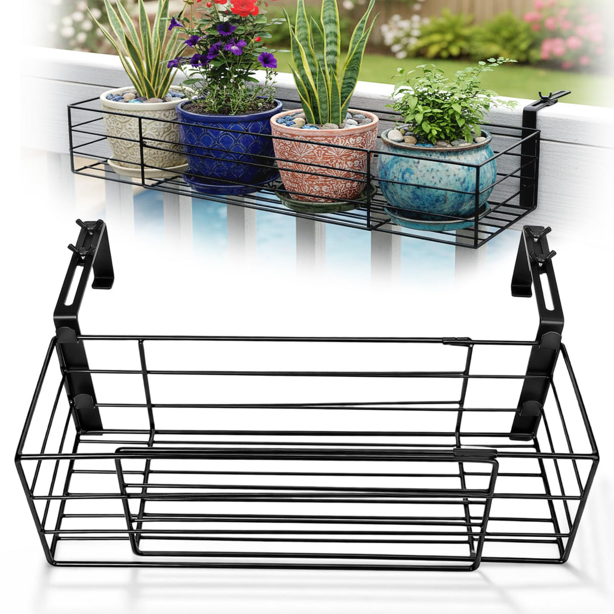 Youyole railing planter rack extended to 14-27 inches for space saving.