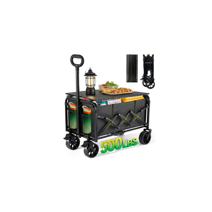 YOVOBUSS collapsible wagon with tabletop for outdoor dining and quick setup.