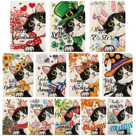 YOVOYOA cute black cat garden flag for Valentines Day, durable burlap for seasonal displays.