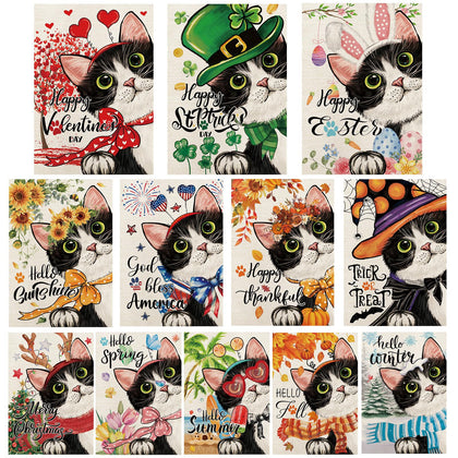 YOVOYOA cute black cat garden flag for Valentines Day, durable burlap for seasonal displays.
