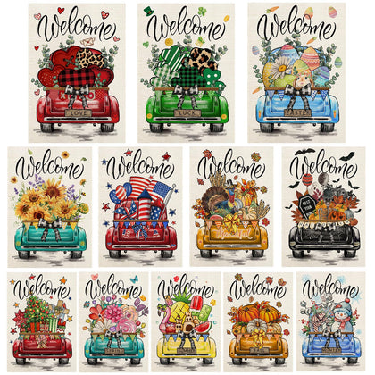 YOVOYOA rustic truck garden flag for Valentines Day: double-sided porch decoration.