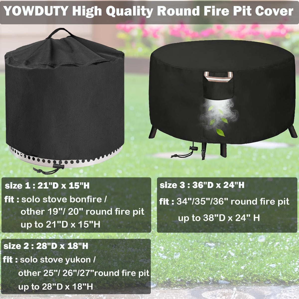 YOWDUTY fit guide confirms compatibility with 25–27 inch round fire pits and Yukon 27in.
