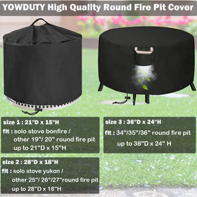 YOWDUTY fit guide confirms compatibility with 25–27 inch round fire pits and Yukon 27in.