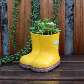 YOYLMAL boot planter in yellow with cloud and raindrops for cheerful indoor decor