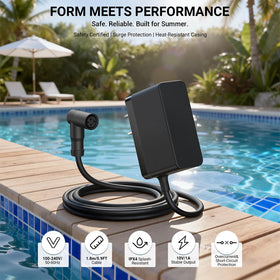 Compact label detail highlights compatibility and safe charging features.