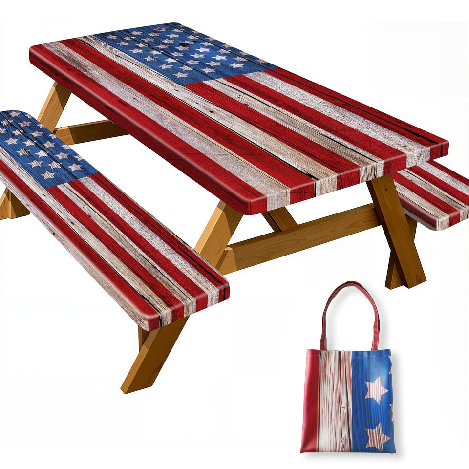 YPHCDO American flag picnic table cover protects the table surface during outdoor meals.